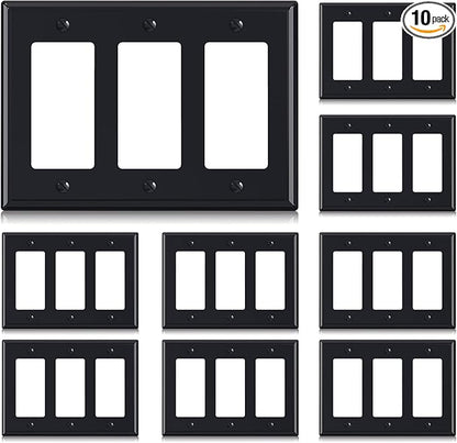ELEGRP 3-Gang Decorative Wall Plates, Standard Size 4.88" H x 6.75" L Unbreakable Thermoplastic Faceplate Cover for Decorator Receptacle Outlet Switch, UL Listed (10 Pack, Glossy Black)