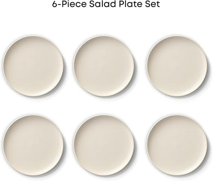 JoyJolt Mesa Stoneware Salad Plates, 8" Round Lunch Plates, Dishwasher and Microwave Safe Plate Set of 6, Modern Rustic Dinnerware, Appetizer Dessert Dinner Sides Kitchen Dishes - Matte White (Linen)
