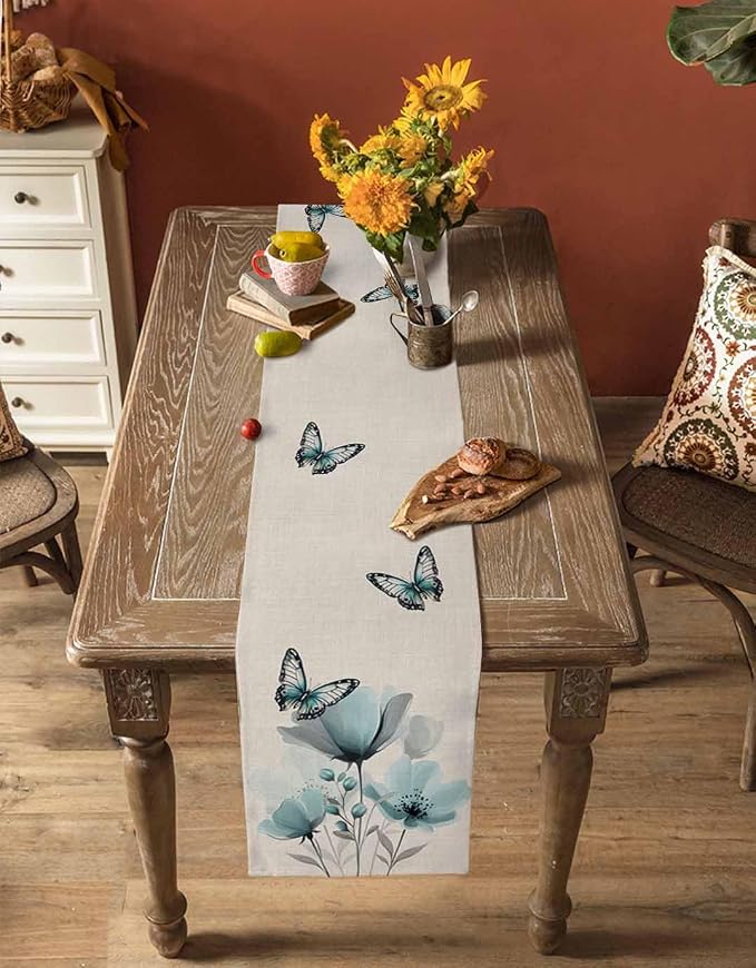 Turquoise Floral Table Runners 72 Inches Long, Spring Flowers Butterfly Table - Image 4