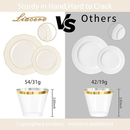 Liacere 350PCS Ivory Plastic Plates - Cream Disposable Plates With Gold Rim - 50Guest Baroque Plastic Dinnerware include 100 Plates - 50 Pack Pre Rolled Napkins Silverware 50Cups for Wedding＆Easter