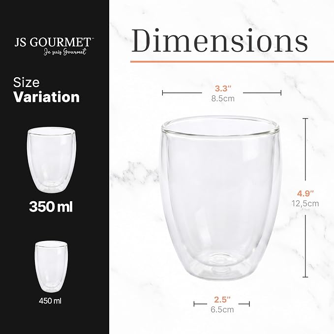 JS Gourmet Double Wall Glass Coffee Mugs Set of 6, 12oz/350ml Borosilicate - Image 3