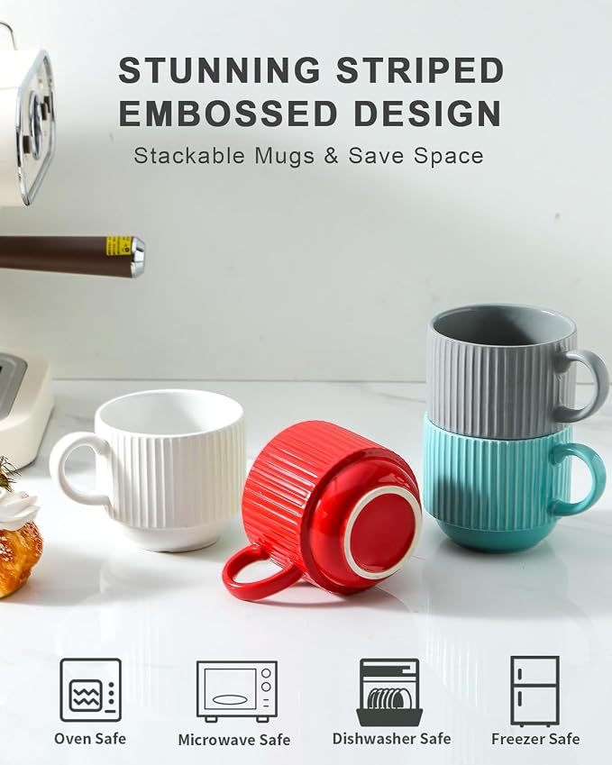 HASENSE Ceramic Coffee Mug Set of 4 - 15 oz Stacking Ribbed Latte Cups Set - Image 4