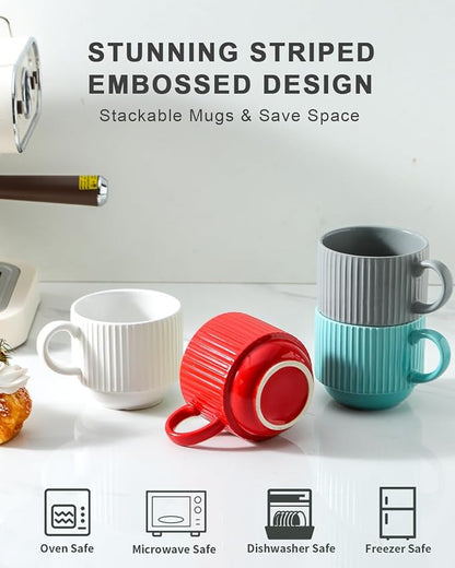 HASENSE Ceramic Coffee Mug Set of 4 - 15 oz Stacking Ribbed Latte Cups Set - Image 4