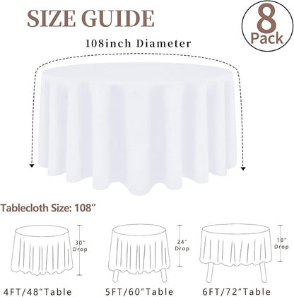 8 Pack Round Tablecloth 108 Inch White Table Cloth for Round Tables, Washable Polyester Tablecloth Stain and Wrinkle Resistant Decorative Table Cover for Wedding Party Dining Banquet