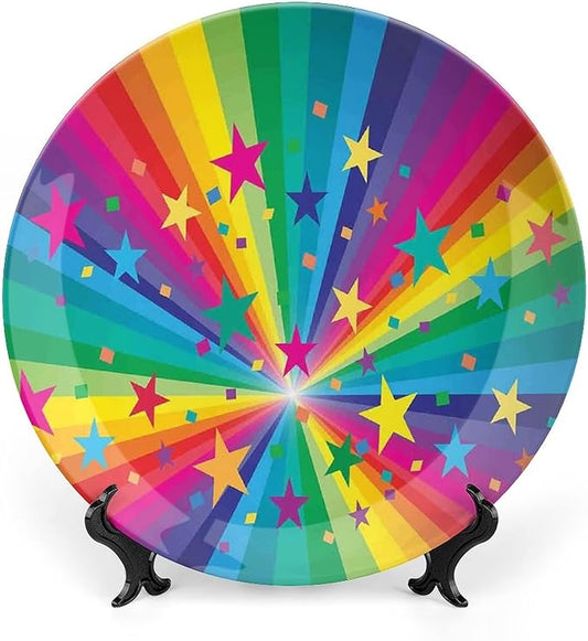 Ceramic Plates, Abstract Decor Decorative Ceramic Plates, Abstract Rainbow and Stars Confetti Rays Striped, 10 Inch, Household Plates Decorative, Multy