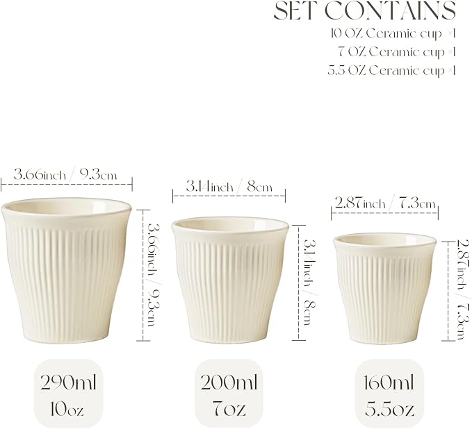 KEMORELA Espresso Cups Set of 3 – 5.5oz/7oz/10oz Ceramic Espresso Cups - Image 3