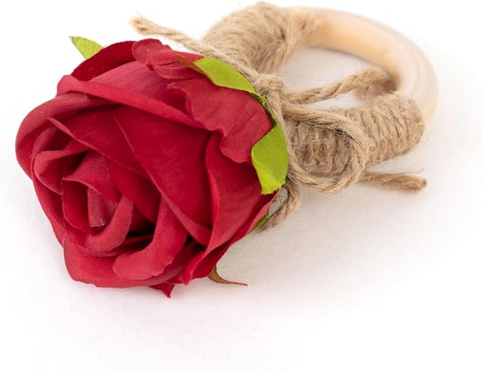 Efavormart 4 Pack Red Silk Rose Flower Wooden Napkin Rings, Rustic Boho Chic - Image 6