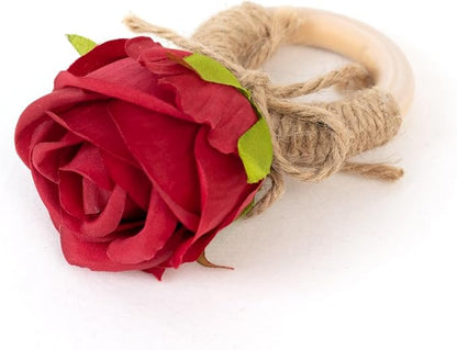 Efavormart 4 Pack Red Silk Rose Flower Wooden Napkin Rings, Rustic Boho Chic - Image 6