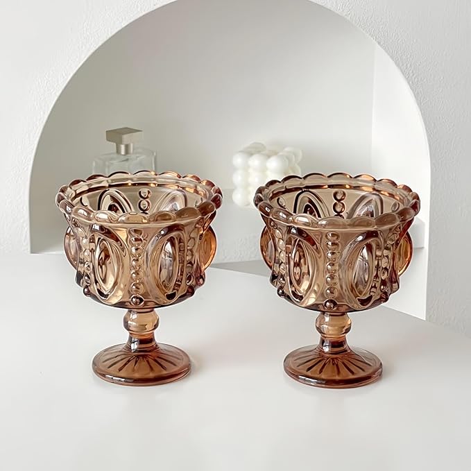 Carnival Glass Vintage Footed Dessert Cups Set of 2, 9oz Embossed Goblet - Image 7