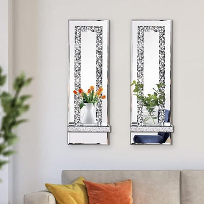 Crystal Crush Diamond Mirrored Candle Sconces, Silver Wall Candle Holder Set of 2, Wall Decorations for Living Room，Dining Room (Rectangle Stripe (Style 4))