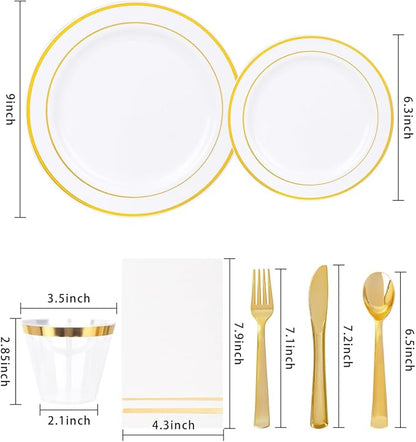GATHER 700PCS Gold Plastic Plates - Whtie and Gold Disposable Dinnerware Sets 100Guest - 200 Disposable Plate, 300 Plastic Silverware, 100 Cups, 100 Napkins for Wedding & Party