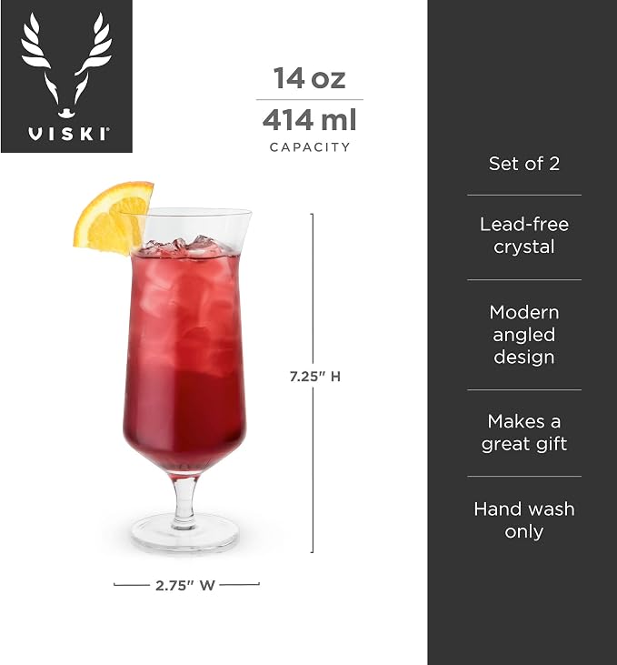 Viski Raye Hurricane Glasses, Tropical Cocktail Glass, Crystal Glasses Gift set - Image 3