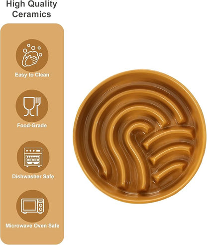 Ceramic Maze Dog Slow Feeder with Non-Slip Silicone Rim (& Bamboo Stand) – Heavy-Duty Stoneware Bowl with Puzzle Pattern for Bloating & Obesity Prevention (Raised-Orange-M)