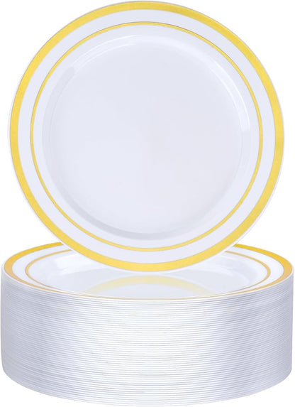 BESTVIP 50PCS 7 Inch Gold Plastic Plates, Disposable Dessert Plate with Gold Rim, Small Heavy Duty Disposable Plastic Plates for Party, Wedding and Birthday, Christmas, Thanksgiving