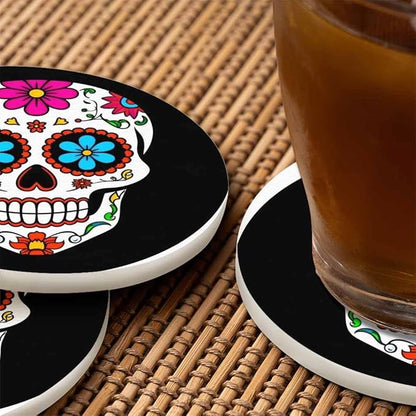 Sugar Skull Round Coaster for Home Coffee Table Human Head Mexican Spooky Skeleton Horror Bone Death Farmhouse Drink Coasters 100% Diatomite 4''X 4''X 0.35'' Printed Pattern