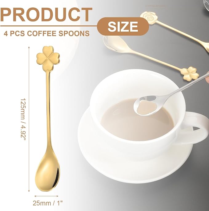 PATIKIL 4pcs Coffee Spoons, Four Leaf Grass Tea Spoons 304 Stainless Steel - Image 2