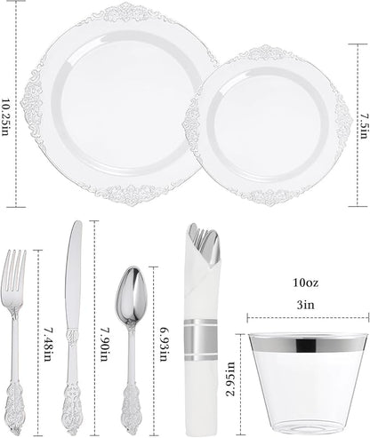 Goodluck 350 Piece Silver Plastic Dinnerware Set for 50 Guests, Fancy Disposable Plates, Include: 100 Silver Rim Plastic Plates, 150 Silverwares, 50 Pre Rolled Napkins, 50 Cups for Party, Wedding