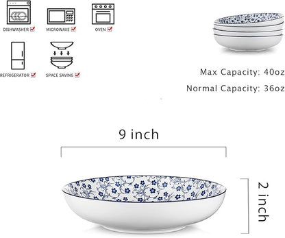 Selamica Porcelain 40oz Large Serving Bowls 9 inch Big Pasta Bowls Set of 4 for Eating, Microwave and Oven Safe, Vintage Blue