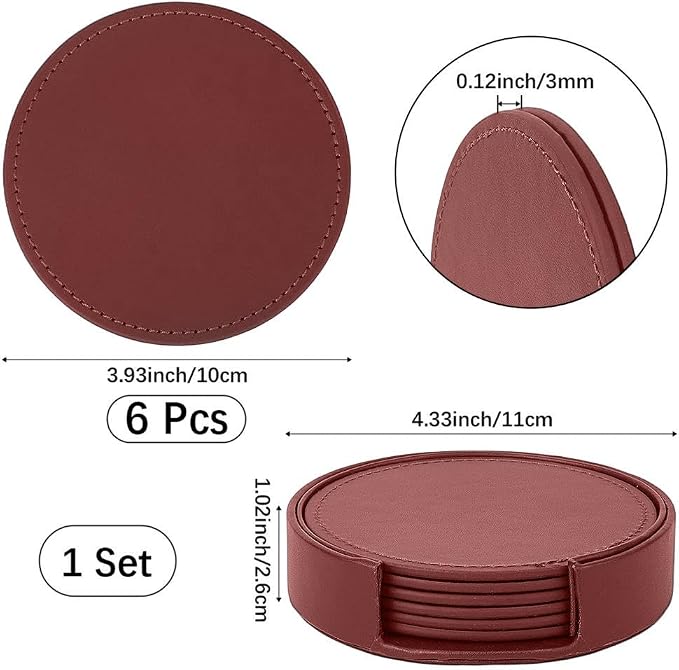 6PCS PU Leather Drink Coasters Red Round Table Coasters - Image 2