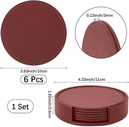 6PCS PU Leather Drink Coasters Red Round Table Coasters - Image 2