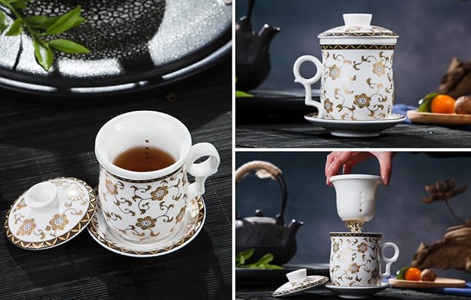 Porcelain Tea Cup with Infuser Lid and Saucer Sets - Image 3