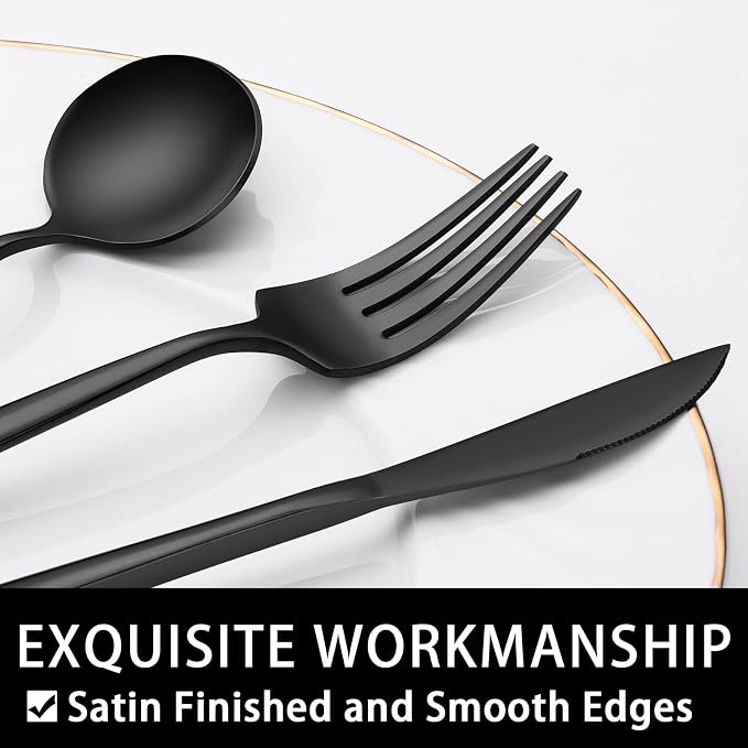 60-Piece 12 Setting Black Silverware, Food-Grade Stainless Steel Flatware - Image 3