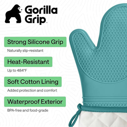 GORILLA GRIP BPA-Free Soft Silicone Oven Mitts, Heat Resistant and Waterproof Cooking Gloves, Thick Cotton Lining, Flexible Gripping for Baking Grilling, Kitchen Potholders Set, 12.5x8.3, Turquoise