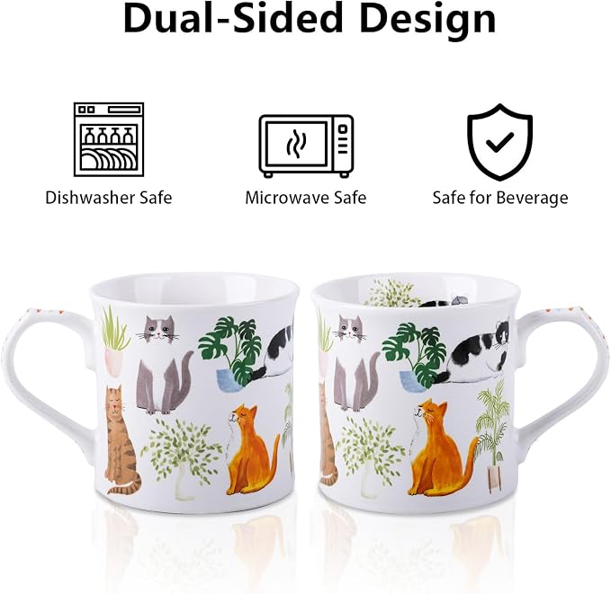 Cute Cats & Plants Coffee Mug - 12 oz Fine New Bone China Coffee Tea Cup - Image 5