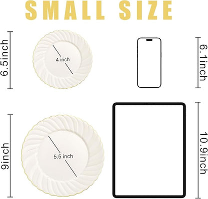 U-QE 100 Piece Ivory Scalloped Plastic Plates for Party with Gold Rim - Plastic Party Plates Disposable Heavy Duty - High End Disposable Plates Include 50pcs Dinner Plates 9"&50pcs Dessert Plates 6.5"