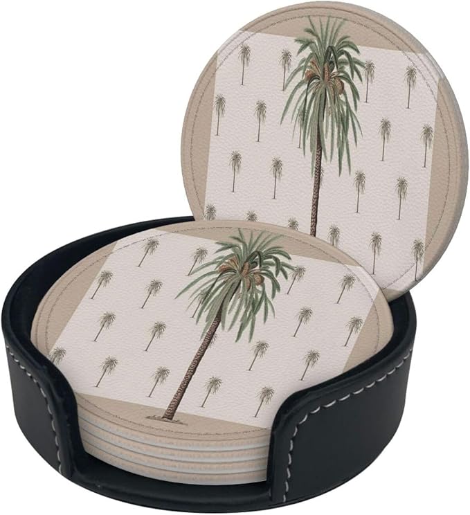 6 Pcs Tropical Plants in Summer Beach Palm Tree Leather Coasters - Image 3