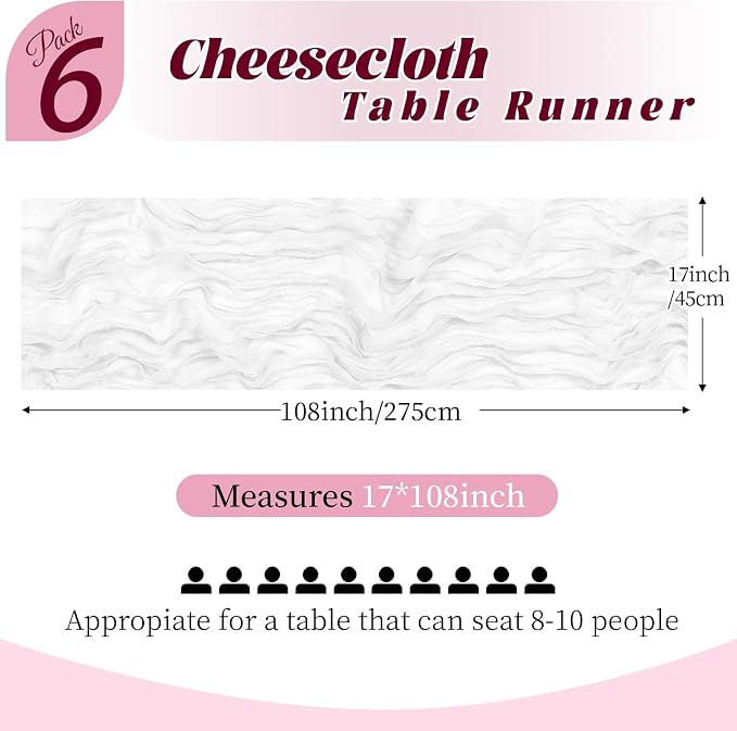 6 Pack White Cheesecloth Table Runner, 17 x 108 Inch, Gauze Cheese Cloth Table - Image 2