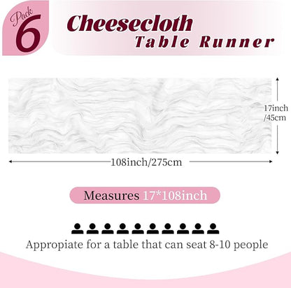 6 Pack White Cheesecloth Table Runner, 17 x 108 Inch, Gauze Cheese Cloth Table - Image 2