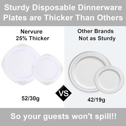 Nervure 100Pcs White and Silver Plastic Plates - 7.5 inch White Plastic Plates with Silver Rim - Disposable Dessert Plate for Wedding & Party