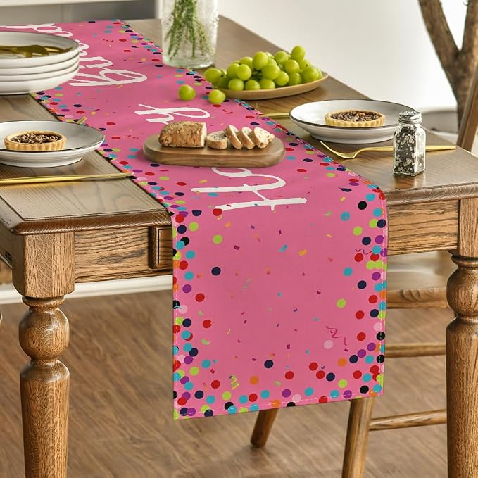 Artoid Mode Polka Dot Pink Happy Birthday Table Runner, Seasonal Kitchen Dining - Image 3