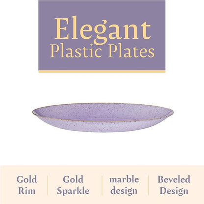 PLASTICPRO 30 Pack Disposable Plastic Plates Heavyweight Granite Look Elegant 7 inch Dinner Plates Purple with Gold Rim