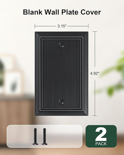 2-Pack Classic Beadboard Single Blank Wall Plate, Durable Natural Bamboo Fiber Wall Plate Cover,Matte Black 1 Gang Wall Plate for Unused Outlets/Switches
