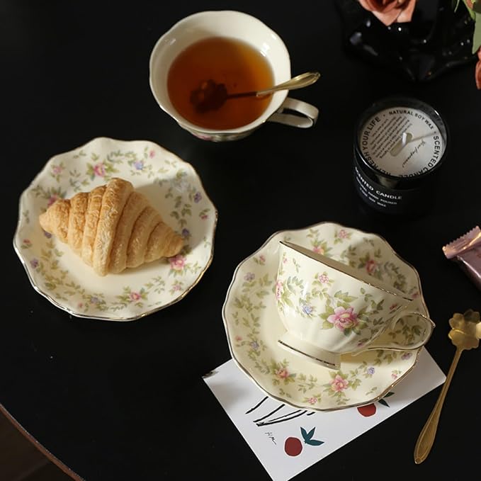 8 oz Vintage flower Ceramic cup and 6" saucer set - Image 3