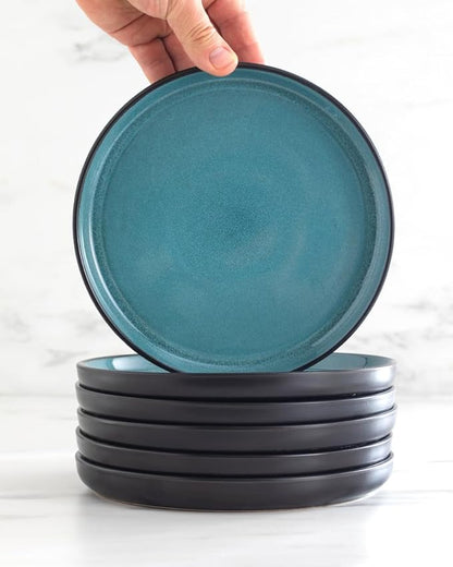 Stoneware dinnerware set 4 persons 12 pcs – Modern style plates and bowls set ceramic – Dishwasher safe and scratch resistant – Bowl and plate set – Dinner service Pure Living black & petrol blue