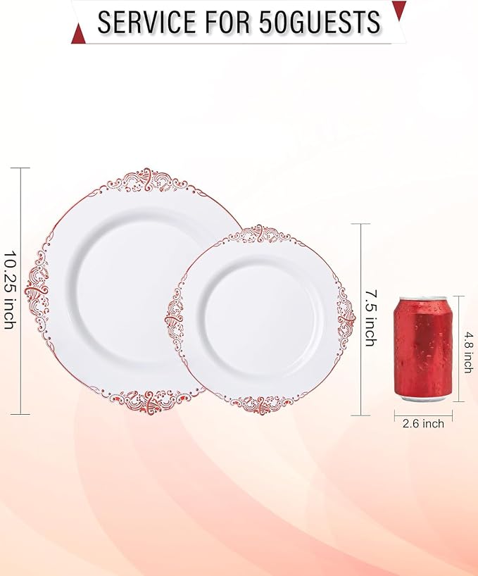 Nervure 100Pcs White Red Plastic Plates, Party Plates Set - Image 8