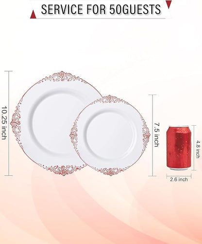 Nervure 100Pcs White Red Plastic Plates, Party Plates Set - Image 8