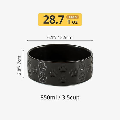 Ceramic Dog Bowl Set, 6.1" Dog Bowls with Anti-Slip Rings for Small Breed Dogs, 3.5 Cup Food and Water Bowls, Pet Dishes for Small-Sized Dogs, Microwave Safe (Double Bowls - Black, 6 inch)