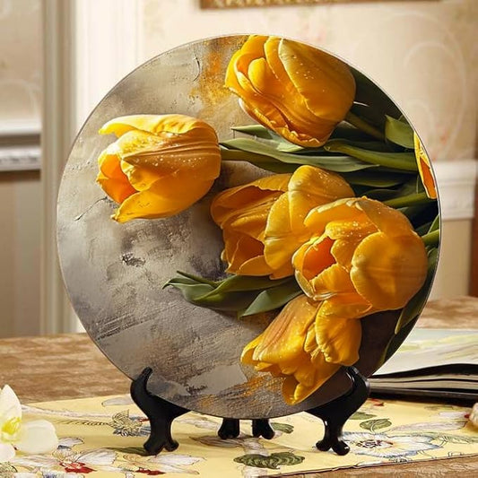 10 Inch Decorative Ceramic Plates with Display Stand Still Life Yellow Tulips Artistic Wall Hanging for Party and Home Decor DP-40207276