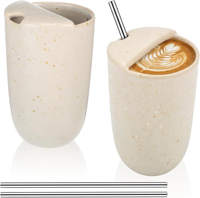 2 Pack Ceramic Coffee Mug with Sip Hole 9.5oz Retro Espresso Cup Travel Mug by Ferrochef
