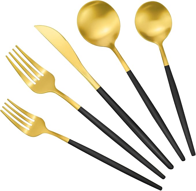 Black and Gold Silverware Set for 8, 40-Piece Matte Handle Flatware, Stainless by ROMAWARE
