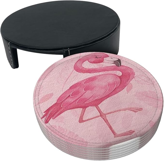 Pink Cute Flamingo Modern Art Boho Premium Leather Coasters - Image 4