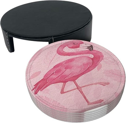 Pink Cute Flamingo Modern Art Boho Premium Leather Coasters - Image 4