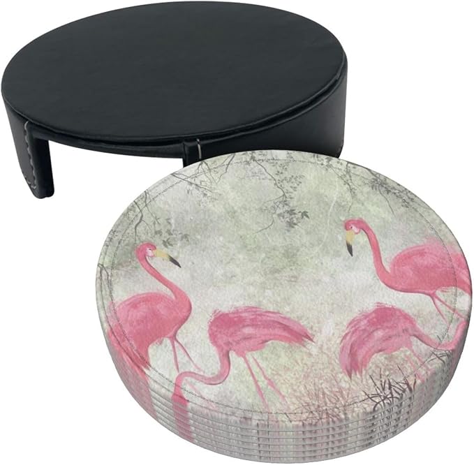 6 Pcs Pink Cute Flamingo Modern Art Boho Leather Coasters - Image 3