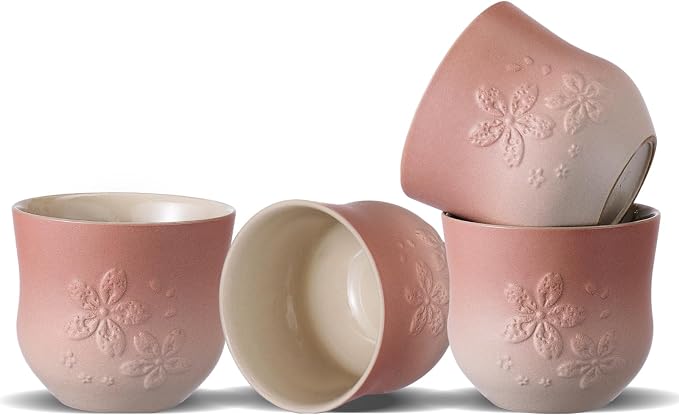 ZENS Japanese Tea Cups Set of 4 – 210ml Ceramic Handleless Tea Cups, Embossed by ZENSLIFESTYLE