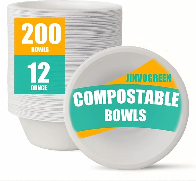 JINVOGREEN 200 Count 12 oz Paper Bowls, Disposable Compostable Bowls Bulk by JINVOGREEN