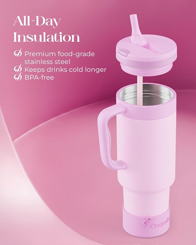 40 oz Insulated Tumbler with Handle and Push-Button Straw Lid, Stainless Steel - Image 4